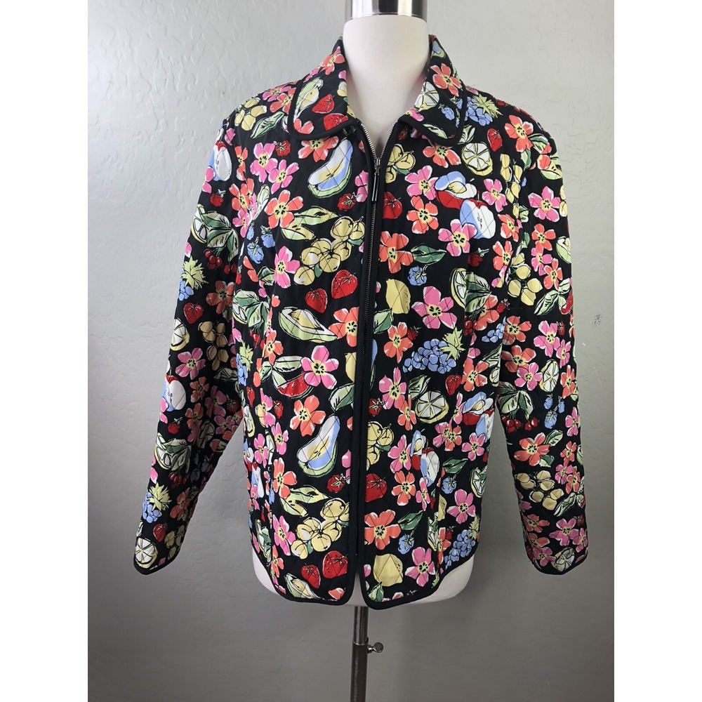 REQUIREMENTS Womens‎ L Quilted Zip Up Jacket Fruit Flower Print